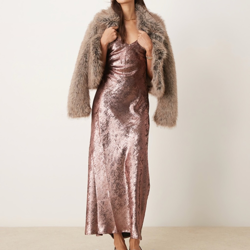 Miss Selfridge metallic maxi slip dress in pink